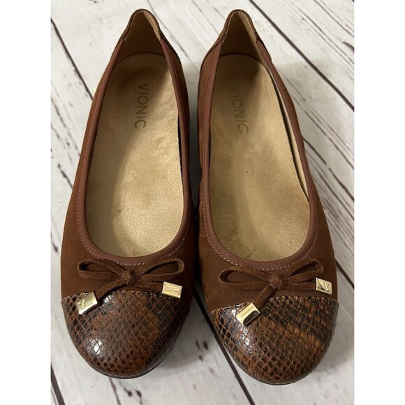 Vionic Flats Womens 6.5 Cap Toe Ballet Bow Brown Suede Snakeskin - Picture 1 of 11